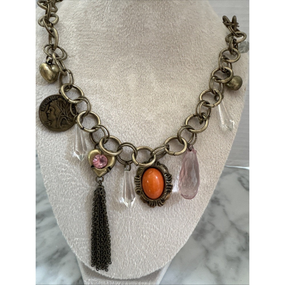 Vintage Chunky Charm Necklace Brass Tone Coral Cabochon Tassel Boho Chic